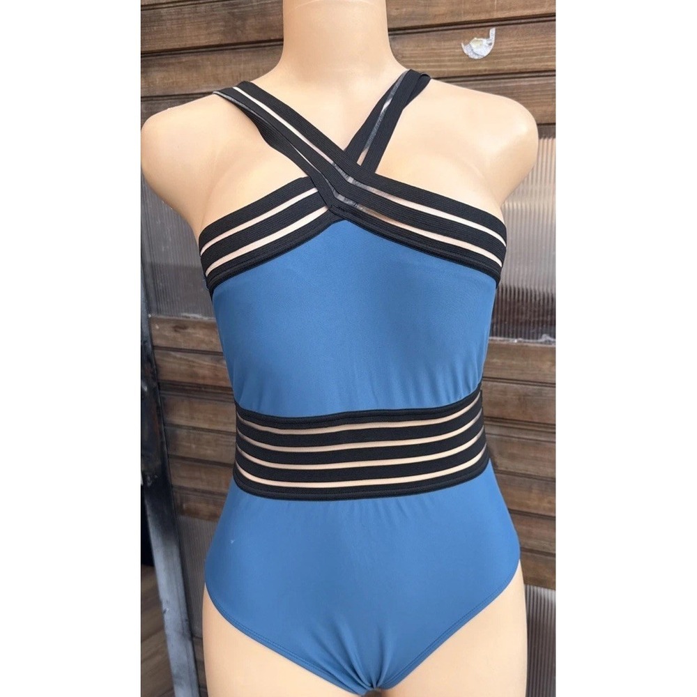 Hilor Women's One Piece Front Cross Over Swim Suit Sz. M. /8 -10. Blue